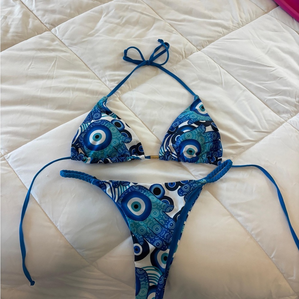 Blue Patterned Triangle Bikini Set